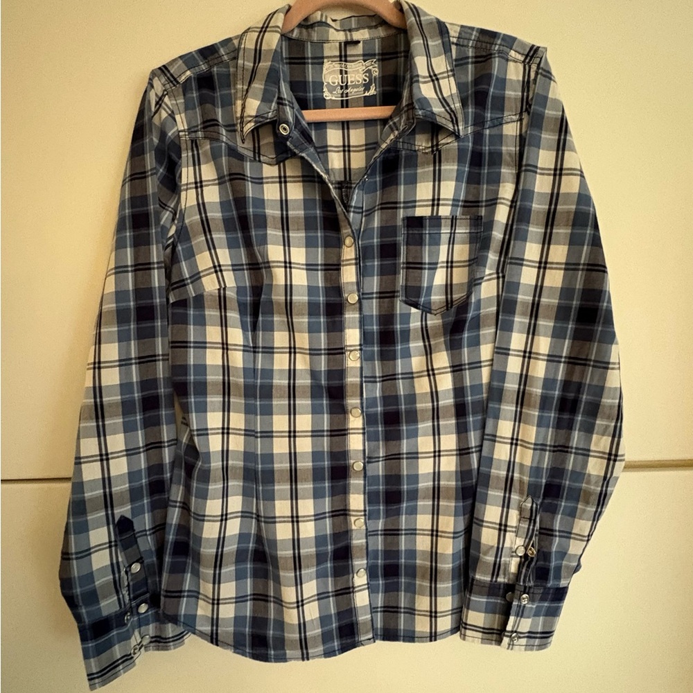 Guess Vintage Women Blue Plaid Western Pearl Snap Button Long Sleeve Shirt Large